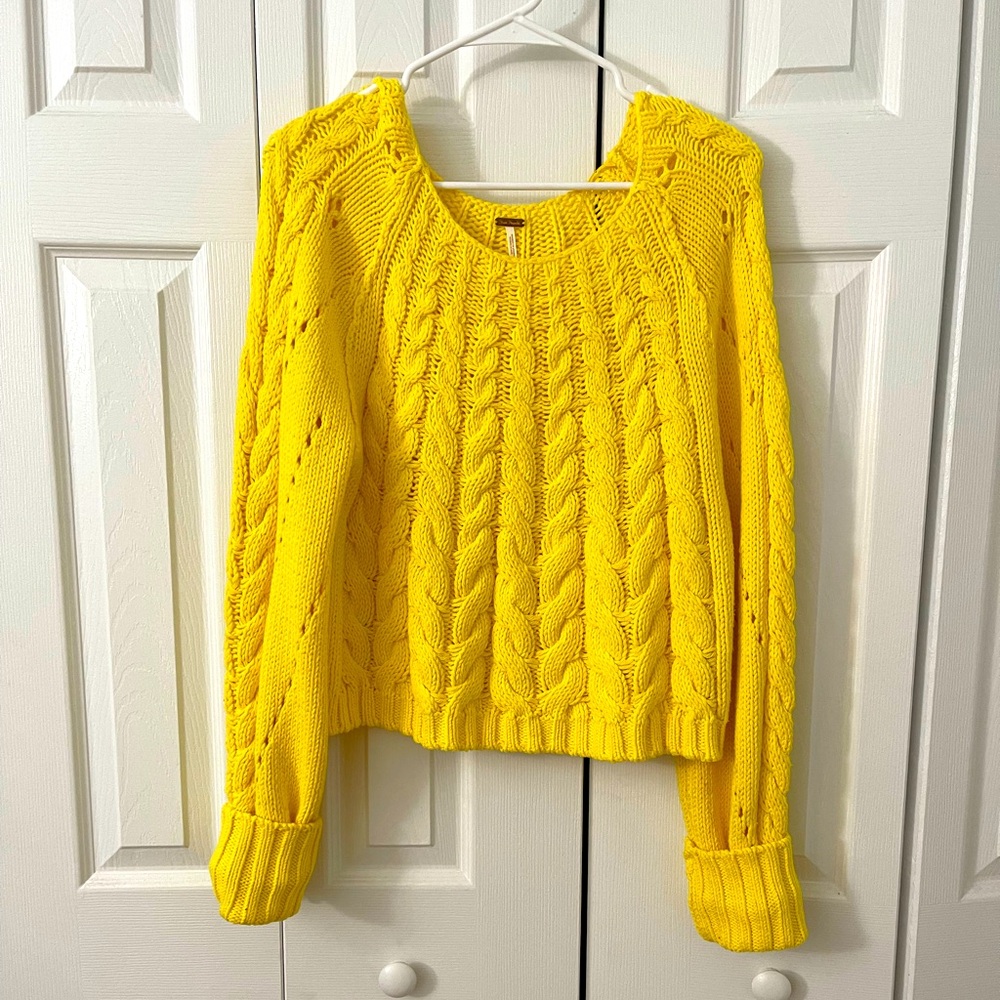 Free People Yellow Boatneck Cable Knit Sweater